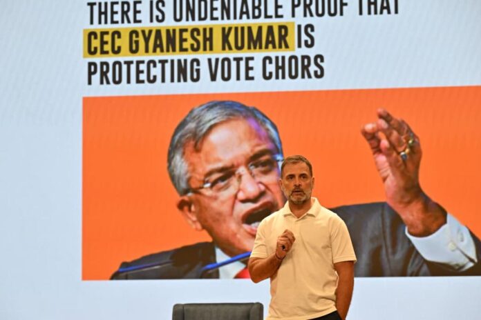 Rahul Gandhi addressing a press conference on vote deletion claims