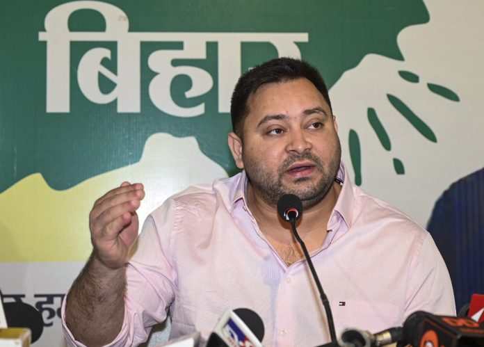 Tejashwi Yadav addressing media about INDIA bloc's manifesto